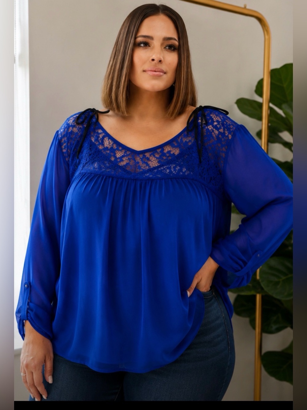 Mine Too Cobalt Blue Lace Chiffon Blouse Top Plus Size 3X 3XL